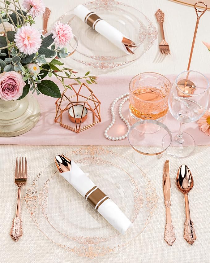 Nervure 175Pcs Rose Gold Plates, Disposable Party Plates for 25 Guests | 25 7.5" Dessert & 25 10.25" Dinner Plastic Plates, 75 Gold Silverware, 25 9oz Cups, 25 Napkin for Wedding & Party, Heavy-duty