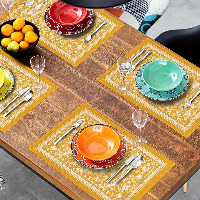 Rustic Yellow Vintage Flowers Placemats Set of 4，Chinoiserie Floral Branches Decoration Table Mat Washable Non-Slip Place Mats 12 x 18 Inch for Party Kitchen Dining