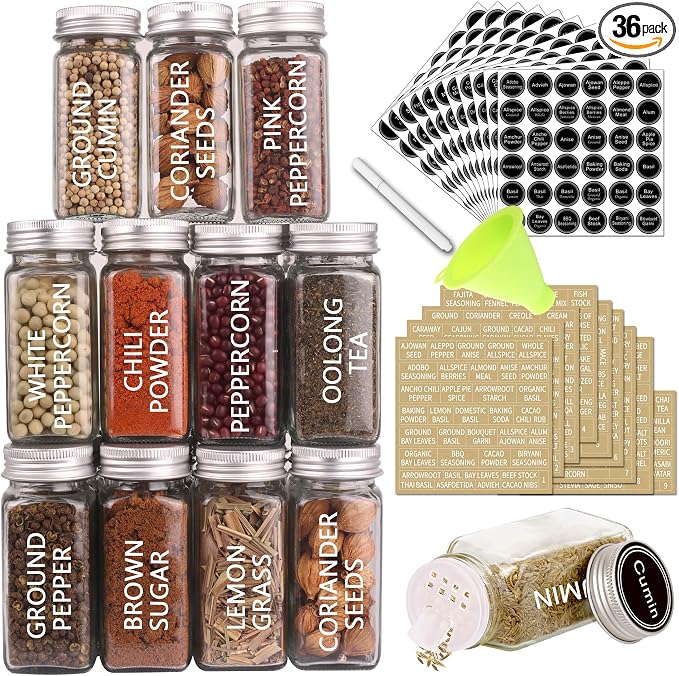 SWOMMOLY 36 Pcs 4 oz Glass Spice Jars with Shaker Lids and 703 Spice Labels | Empty Spice Containers with Airtight Lids, Chalk Marker, Funnel - Square Seasoning Bottles for Spice Racks, Cabinets, Drawers