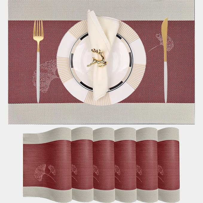 PIGCHCY Rustic Placemats Set of 6, Easy to Clean Placemats Washable Non-Slip Luxurious Durable Table Mats for Home/Dining Room Decoration (Red,18 X 12 inches)