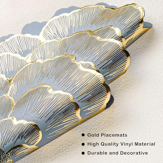 Gold Flower Placemats Set of 6 Pressed Vinyl Table Mats for Dining Table | Round Blue Centerpiece Decor Washable Waterproof Non Slip 15 Inch For Wedding Birthday Party Restaurant