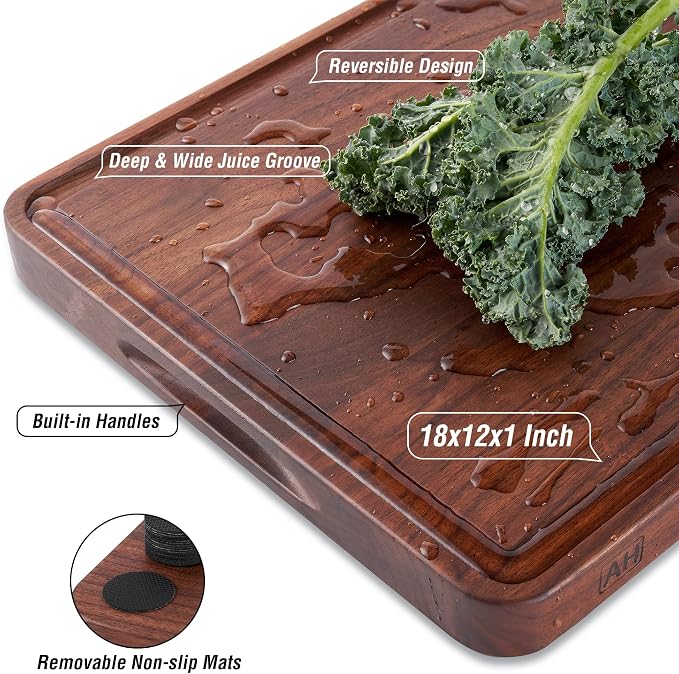 Thick Walnut Wood Cutting Board 18x12 in Large Wooden Chopping Board | Cut Board for Kitchen with Juice Groove Handles, Non-slip Mats,Reversible Butcher Block, Chopping Board