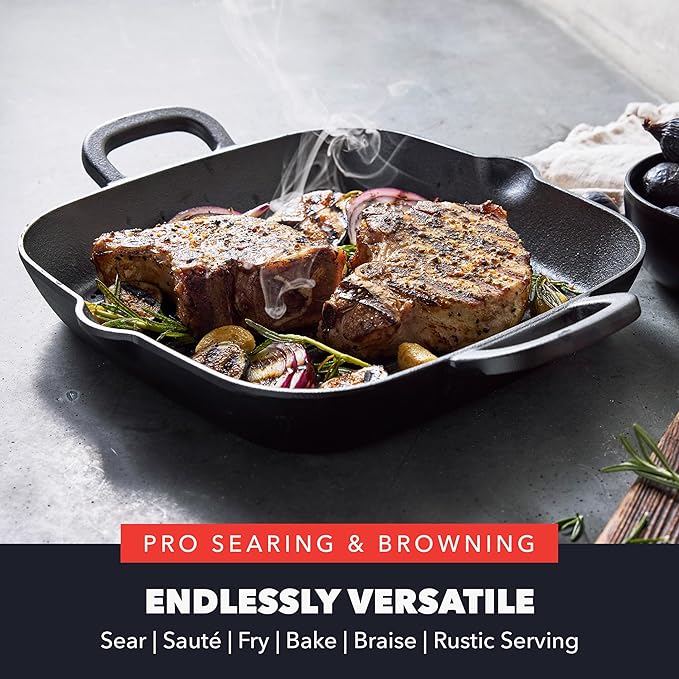 GreenPan x Bobby Flay 11" Pre-Seasoned Cast Iron Square Grill Pan | Natural Nonstick with Use, Heavy Duty, Induction & All Stovetop Compatible, High Heat & Oven Safe, Indoor/Outdoor