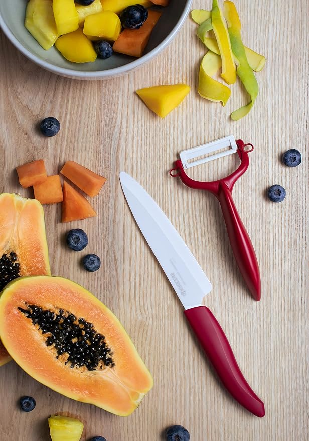 Kyocera Advanced Ceramic Horizontal Y Peeler, Red | KYOCERA Ceramic Y-Peeler: Ultra-Sharp, Non-Corrosive Blade for Effortless Peeling – Ergonomic & Dishwasher Safe
