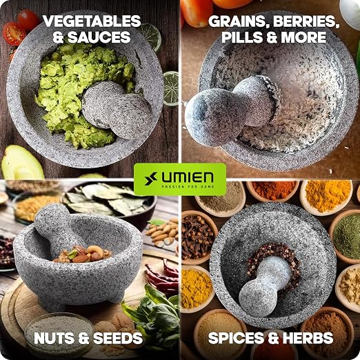 Granite Mortar and Pestle Set 8-Inch (3.5-Cup), Molcajete, Grey | 100% Granite, Avocado Tool Included, Molcajete Mexicano, for Guacamole, Spices, Herbs & Pesto, Premium Kitchen Gift