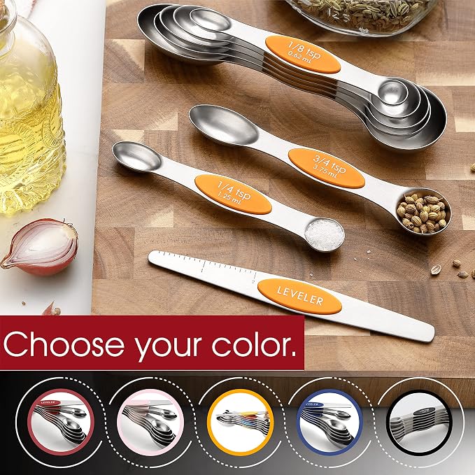 Spring Chef Stainless Steel Magnetic Measuring Spoons Set of 8, Mango | Nesting Teaspoon & Tablespoon Measuring Spoons w/ Leveler for Dry & Liquid Ingredients, Measure Spoons For Baking & Cooking