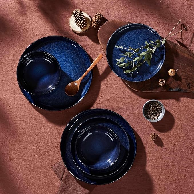 LIANYU Ceramic Plates and Bowls for 4, 12 Piece Dishes Sets, Midnight Blue | Modern Porcelain Dinnerware Set, Chip and Scratch Resistant Dishware Set, Dishwasher & Microwave Safe Stoneware Set