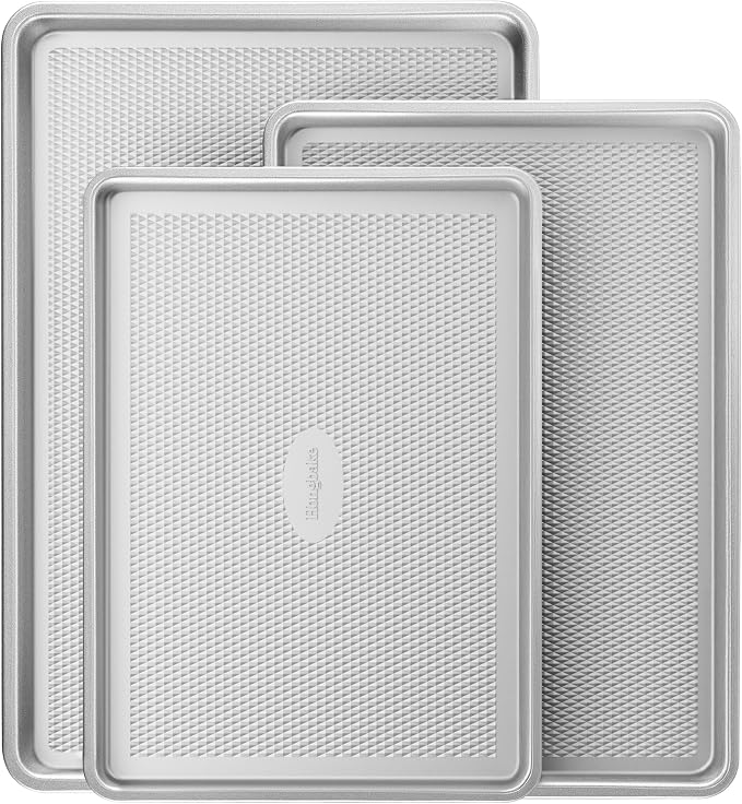 Naturally Non Toxic Baking Sheet Pan Set of 3, Heavy Duty Aluminized Steel Cookie Sheets, Half/Quarter/Jelly Roll Pans with Textured Nonstick Surface, Free of PTFE & PFOA