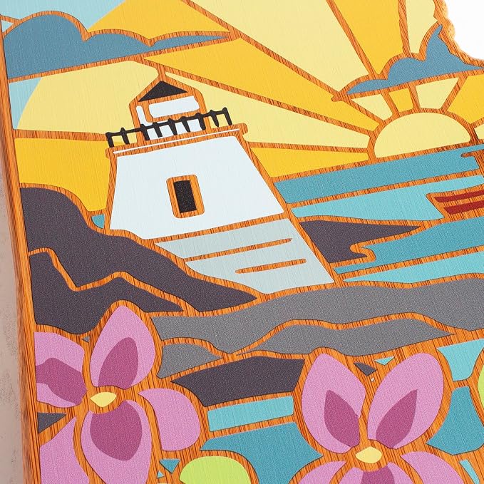 Totally Bamboo Rhode Island State Shaped Cutting Board, Summer Stokes Art | State charcuterie board with colorful hand-drawn landscape art. Smooth reverse side for food prep. Hang tie for wall display.