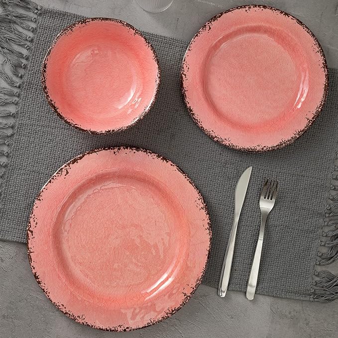 LEHAHA Melamine Dinnerware Sets, Farmhouse Dinnerware Set, Camping Dishes Set, BPA free and Lightweight, Durable Outdoor Plates and Bowls Set, Service for 4 (12 piece), (Pink)