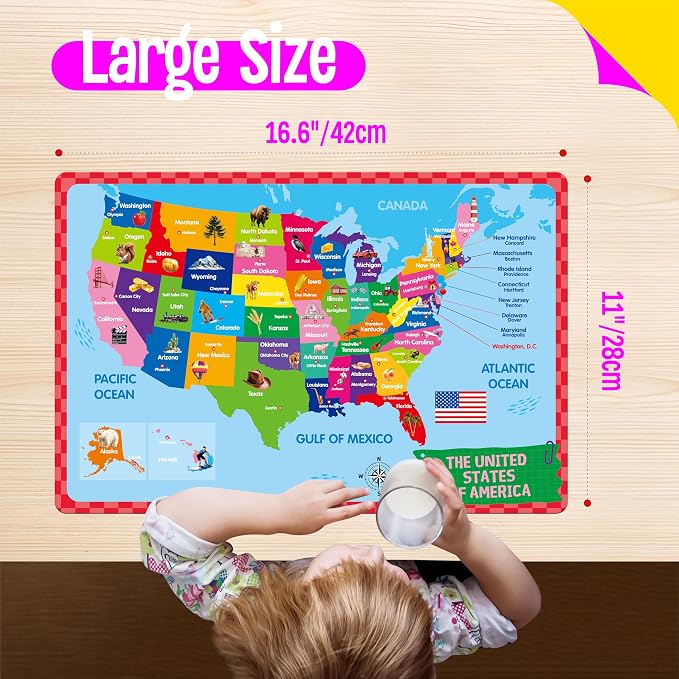 6 Pack Placemats for Kids, Non-Slip Washable, Reusable Alphabet, Number, Shape & Color, Universe, Map, Different Themed Educational Table Mats for Home, Kindergarten, Classroom, Nursery