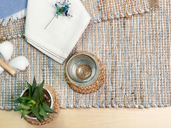 Natural Jute Table Runner, 13x36 Inch, Sky Blue-White | Vintage Boho Rustic Table Decor, Handwoven, Farmhouse Dining or Console Accent