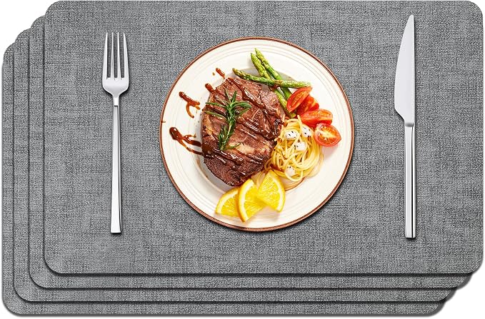 Maxpearl Faux Leather Placemats Set of 4, Easy to Clean, Light Grey | Waterproof - Heat Resistant - Non Slip - Wipe Clean Dining Table Place Mats, Suitable for Indoor & Outdoor Use, 17''×12''