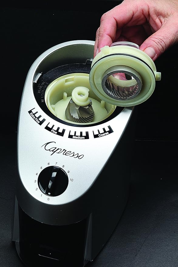 Capresso Infinity Conical Burr Grinder, See-through bean container holds up to 8.8 oz of beans | See-through hopper holds up to 8.8 oz, precision settings from fine to coarse