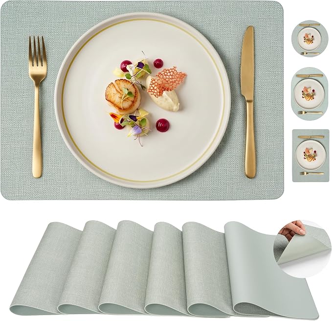 Faux Leather Placemats Set of 6, Wipeable Waterproof Stain Resistant Table Mats, Heat Resistant Thick Placemats with Hand-Painted Edges for Kitchen Dining, Imitative Linen Texture, Various Shapes