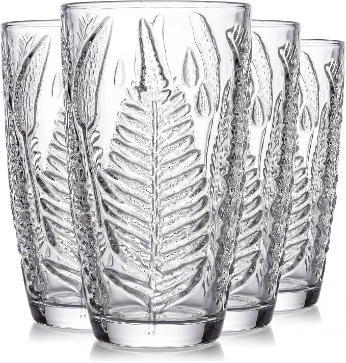 Clear Drinking Glasses Set of 4, 16 oz Glass Cups, Vintage Fern Glassware | Hand-Pressed, Dishwasher Safe, Boho Leaf-Textured Drinkware, Decorative Embossed Highball Tumblers for Water, Retro Kitchen