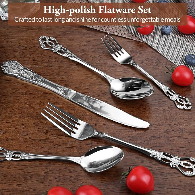 Silverware Set, 30 Pieces Retro Royal Silverware Set for 6, Baroque-Style Stainless Steel Flatware Set Including Fork Spoon and Knife, Dishwasher Safe, Silver