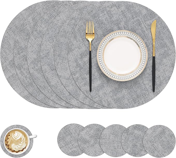 Round Faux Leather Placemat and Coaster 6 Packs, Washable Heat Resistant Dining Place Mats, Wipeable Double-Sided Table Mats for Indoor and Outdoor, Diameter 13 and 3.93 inch, Light Grey