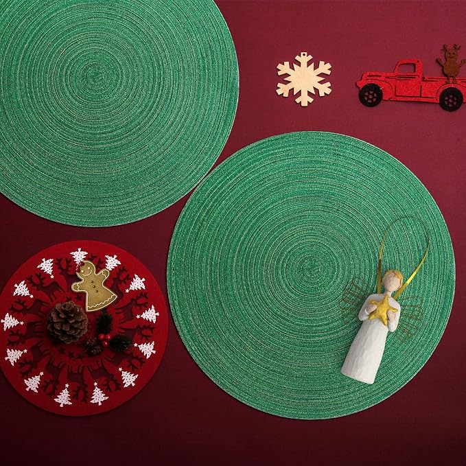 AHHFSMEI Round Braided Placemats Set of 6 Woven Table Mats for Dining Table Heat Resistant Easy to Clean Perfect for Kitchen & Home Decor (Christmas Green)