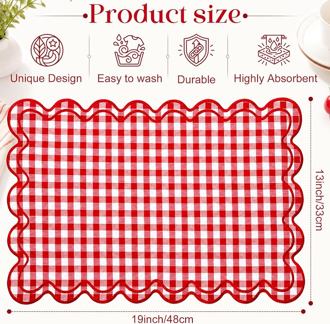 Linen Placemats Set of 12 Scalloped Placemat 13 X19 Wavy Embroidery Double Layered Washable Farmhouse Dinner Fabric Table Mat Napkin for Wedding Party Restaurant(Plaid,Red and White)