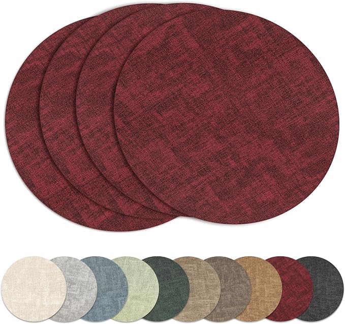 13" Round Placemats Set of 4, Reversible Faux Leather Wipeable Table Mats | 2mm Vinyl Heat Resistant, Waterproof Oilproof Scratch Proof Non-Slip, Washable for Kitchen Dining Indoor Outdoor (Burgundy)
