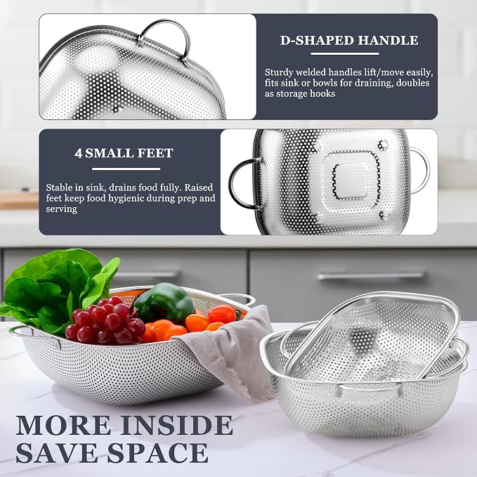 E-far Stainless Steel Colander Set of 3, Square Strainers and Colanders | Metal Kitchen Strainer with Handle for Draining Pasta Vegetable, Micro-Perforated & Elevated Feet, Dishwasher Safe(2.4/4/6QT)