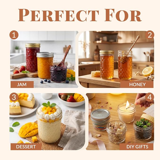 CycleMore 24 Pack Mixed Size Glass Mason Jars, Canning Jars With Split Lids | AirTight, BPA Free, 4 OZ x 8, 8 OZ x 8, 12 OZ x 8 (4oz -8oz-12oz), Ideal for Jam, Honey, Wedding Favors, Spice Jars & DIY