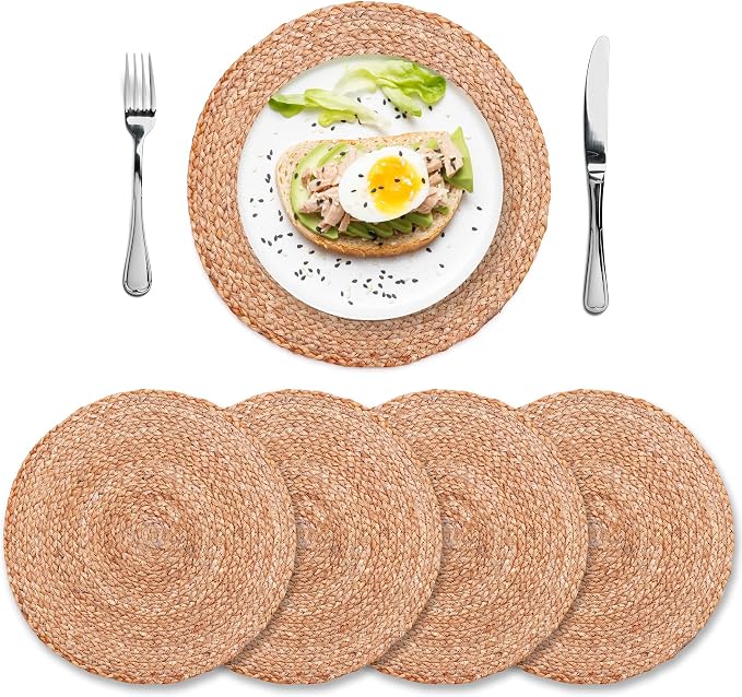Natural Jute Placemats Set of 4, Round Woven Table Mats, 13 Inch Rattan Charger Plates for Dinner, Boho Farmhouse Braided Place Mats