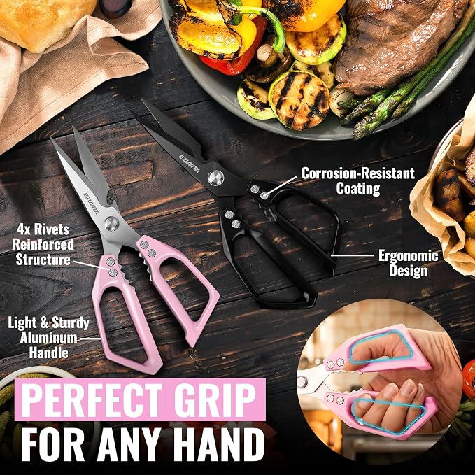 2PC 5-in-1 Kitchen Scissors Set, Multifunctional Shears | Titanium Coated Blades, Aluminum Alloy Handle, Fish Scaling Edge, Bottle Opener, Nutcracker,Poultry Tweezers,Dishwasher Safe