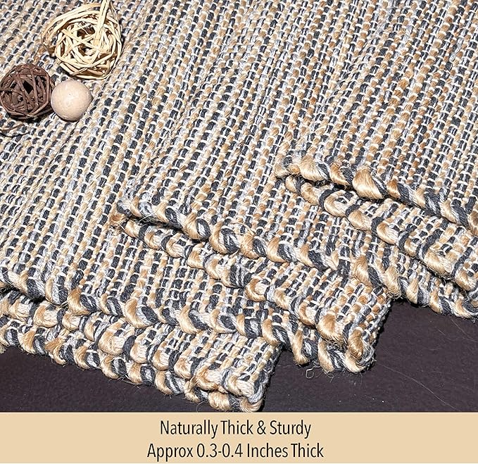 Natural Jute Table Runner 13x90 Inch – Vintage Boho Rustic Table Decor – Handwoven Table Runner in Natural Jute and Grey – Farmhouse Dining or Console Table Accent