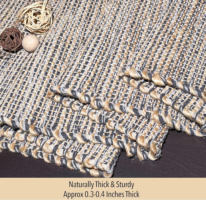 Natural Jute Table Runner 13x48 Inch – Vintage Boho Rustic Table Decor – Handwoven Table Runner in Natural Jute and Grey – Farmhouse Dining or Console Table Accent