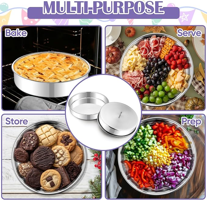 E-far 9 Inch Round Cake Pan, 2-Piece Stainless Steel Round Baking Mold Tins | Non-Toxic & Leak-Proof for Birthday Wedding Layer Tiered Cake, Easy Clean & Dishwasher Safe