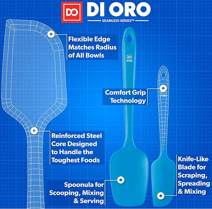 DI ORO Silicone Spatula Set - 600F Heat Resistant, 3-Pc Blue | Rubber scraper won't scratch nonstick pans; For baking, cooking, mixing, and frosting; BPA-free and dishwasher safe