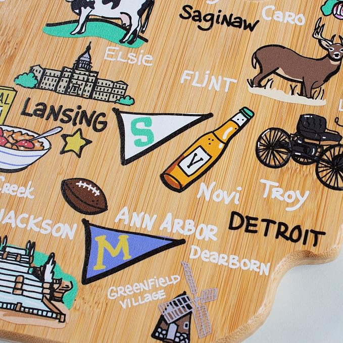 Totally Bamboo Michigan State Shaped Cutting Board, Art by Fish Kiss | State charcuterie board with colorful hand-drawn map artwork. Smooth reverse side for food prep. Hang tie for wall display.