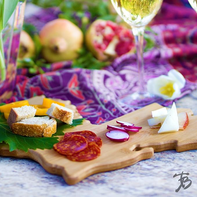 Totally Bamboo Louisiana State Shaped Bamboo Serving and Cutting Board | State charcuterie board with natural bamboo grain. Knife-friendly surface for food prep. Hang tie for wall display.