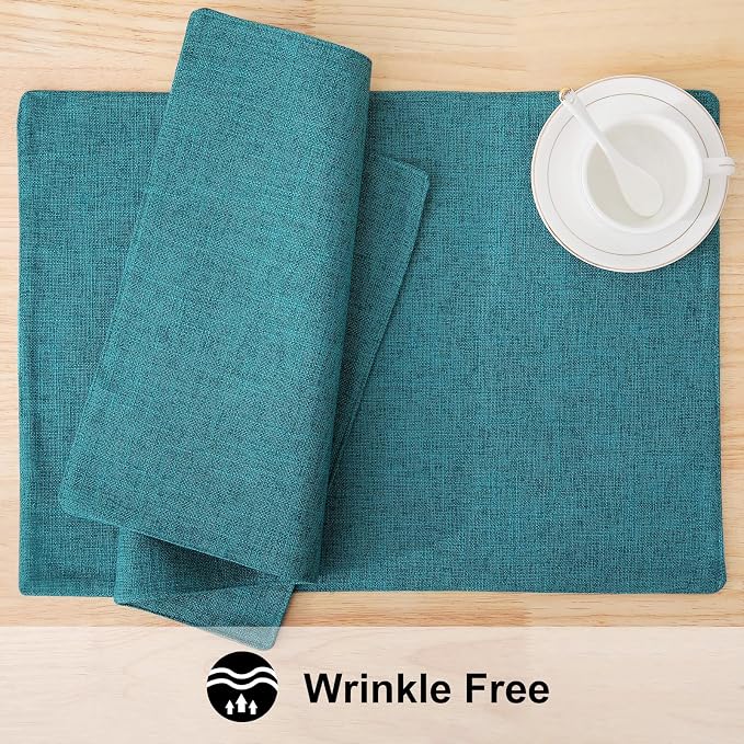 Faux Cotton Linen Placemats Set of 8, Cloth Washable Farmhouse Dining Table Mats for Indoors & Outdoors, Easy to Clean, Teal, 13 x 19 Inch