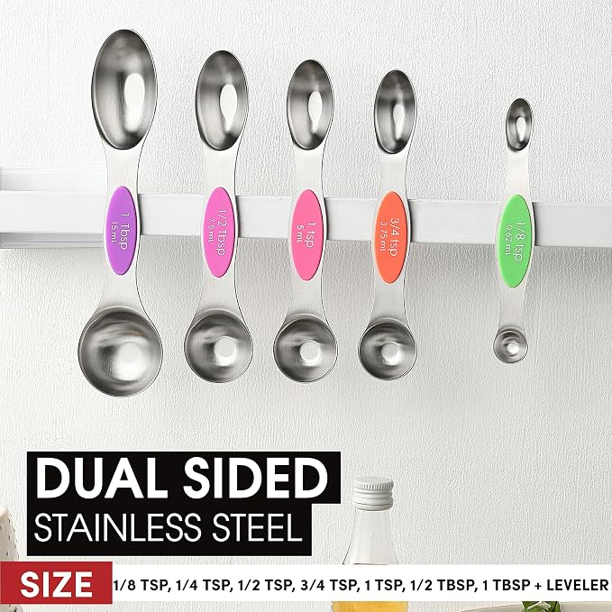 Spring Chef Stainless Steel Magnetic Measuring Spoons Set of 8, Neon | Dual Sided Metal Teaspoon & Tablespoon Measuring Spoons w/ Leveler for Dry & Liquid Ingredients, Fits in Kitchen Spice Jars