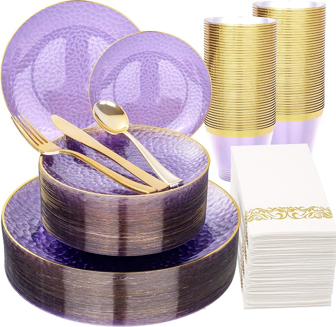DaYammi 175PCS Clear Purple and Gold Plastic Dinnerware Set for Party, Hammered Disposable Plates for Party, Include: 25 Dinner Plates, 25 Dessert Plates, 75 Gold Silverware, 25 Napkins, 25 Cups