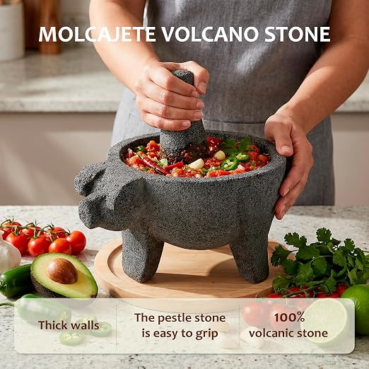 9 inch Molcajete Mortar and Pestle with Pig Design, Mexican Handmade with Lava Stone Ideal as Herb Bowl, Spice Grinder, Volcanic Stone