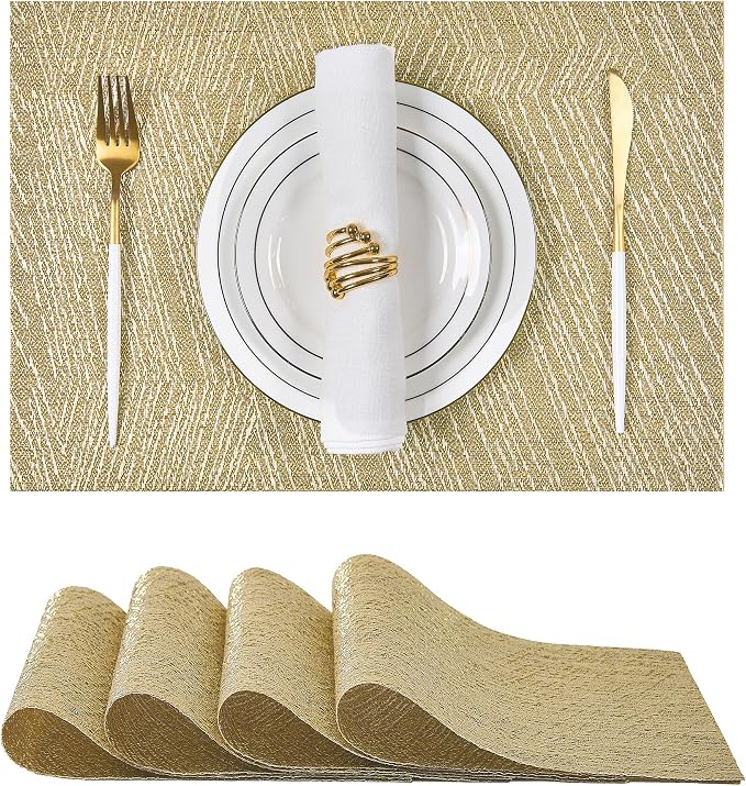 Leetaltree Gold Placemats Set of 4 - Heat Resistant Non-Slip Place mats for Dining Table, Washable Durable PVC Vinyl Woven Table Mats(Luxury Gold, 4)