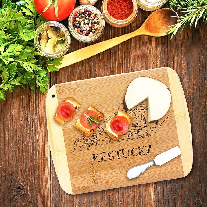 Totally Bamboo A Slice of Life Kentucky Engraved Map Cutting Board | 11” x 8.75” charcuterie board with engraved state map artwork. Smooth reverse side for food prep. Hang tie for wall display.