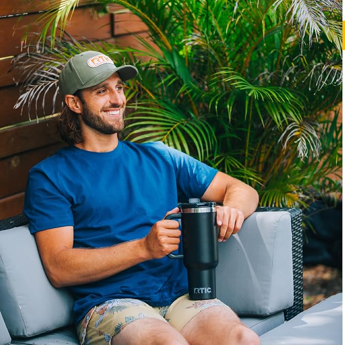RTIC 40 oz Road Trip Tumbler Double-Walled Insulated Stainless Steel Portable Travel Coffee Mug Cup with Lid, Handle and Straw, Denim