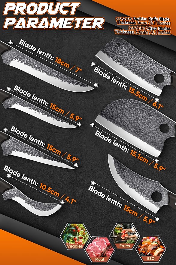 ROCOCO Butcher Cleaver Knife Set - 13PCS Serbian Chef Viking Boning Knife | Meat Cutting Knives with Roll Bag for Kitchen Outdoor BBQ Camping Birthday Christmas Father Mother Gift Idea Men
