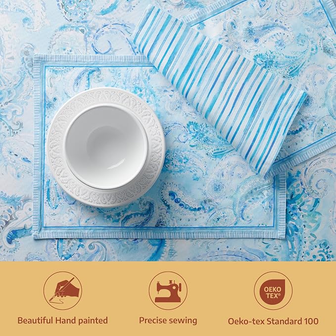 Maison d' Hermine Placemats Set of 4 Reusable 100% Combed Cotton (13"x19") | Cloth Place Mats Washable Table Mats for Kitchen Dining Party Wedding Hotel Home Restaurant Spring Summer - Paisley Blues