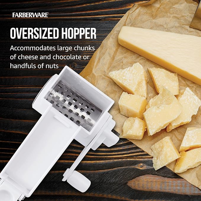 Farberware Pro Rotary Cheese Grater, Hand Crank Parmesan Grater with Stainless Steel Drum, Ergonomic Handle, Dishwasher Safe, White