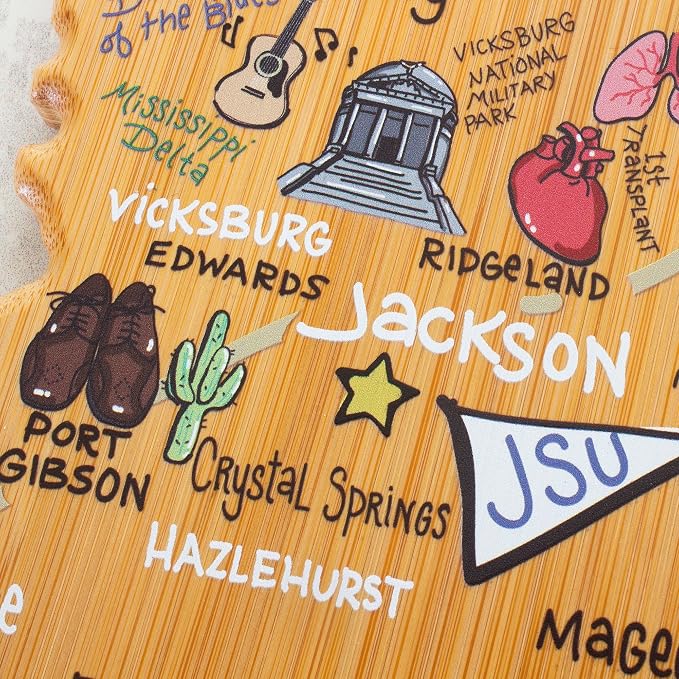 Totally Bamboo Mississippi State Shaped Cutting Board, Art by Fish Kiss | State charcuterie board with colorful hand-drawn map artwork. Smooth reverse side for food prep. Hang tie for wall display.