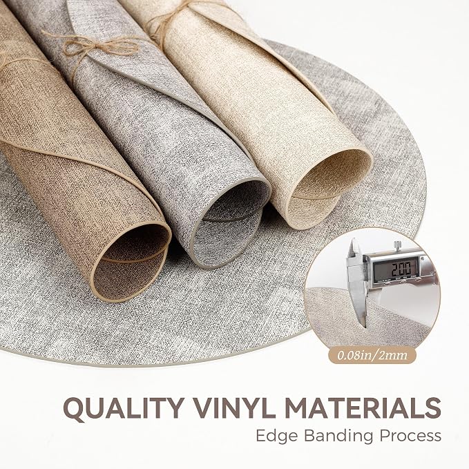13" Round Placemats Set of 6, Reversible Faux Leather Wipeable Table Mats | 2mm Vinyl Heat Resistant, Waterproof Oilproof Scratch Proof Non-Slip, Washable for Kitchen Dining Indoor Outdoor (Light Grey)