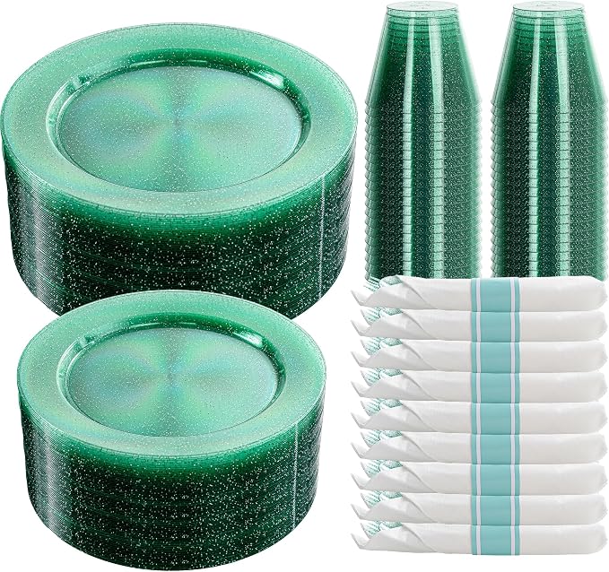 DaYammi 350 Pieces Green Glitter Dinnerware Set 50 Guest for Party St Patricks Day Plates - 50 Dinner Plates, 50 Dessert Plates - 50 Per Rolled Napkins with Green Cutlery - 50 Disposable Cups 9 OZ