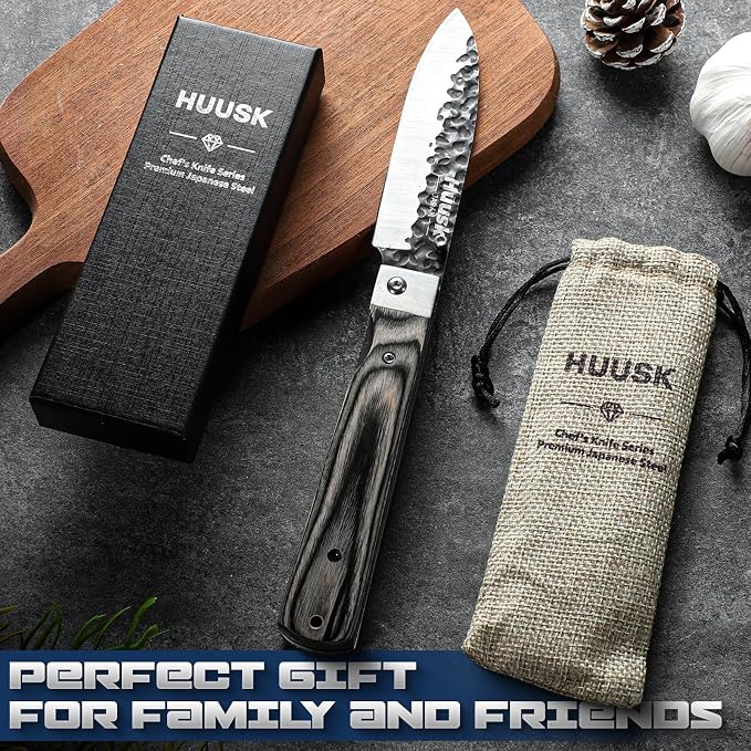Huusk Japanese Folding Santoku Knife - Pocket Chef Knife | Portable Kitchen Knives, Hand Forged Blade, Wooden Handle, Gift Box, For BBQ, Camping and Travel