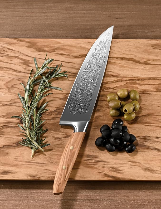 Chef Kitchen Knife 8", Embossed Botanical Blade, Olive Wood Handle | Created in collaboration with a German designer. Includes leather sheath and gift box for elegant presentation